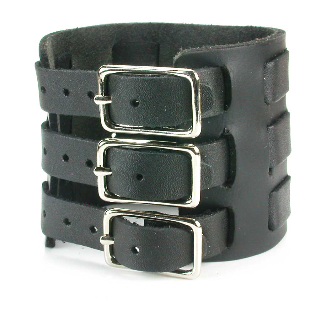 Three Strap Leather Wrist Cuff Watchband - Black