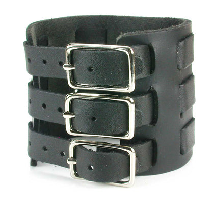 Three Strap Leather Wrist Cuff Watchband - Black